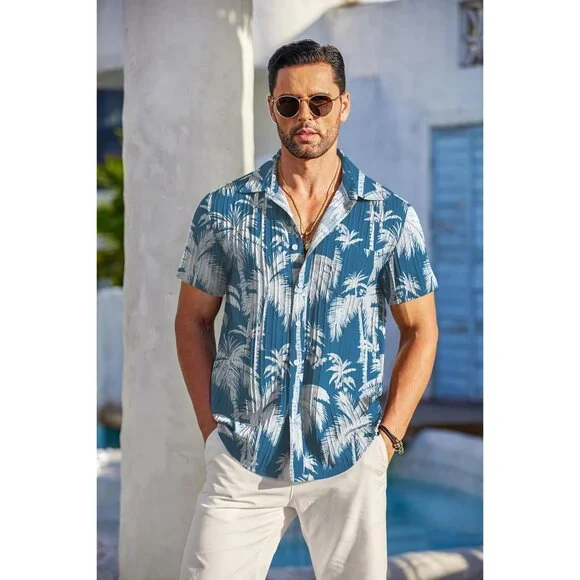 Men´s Blue Casual Button Down Shirts Short Sleeve Textured Summer Beach Shirt Casual Button Down Shirts